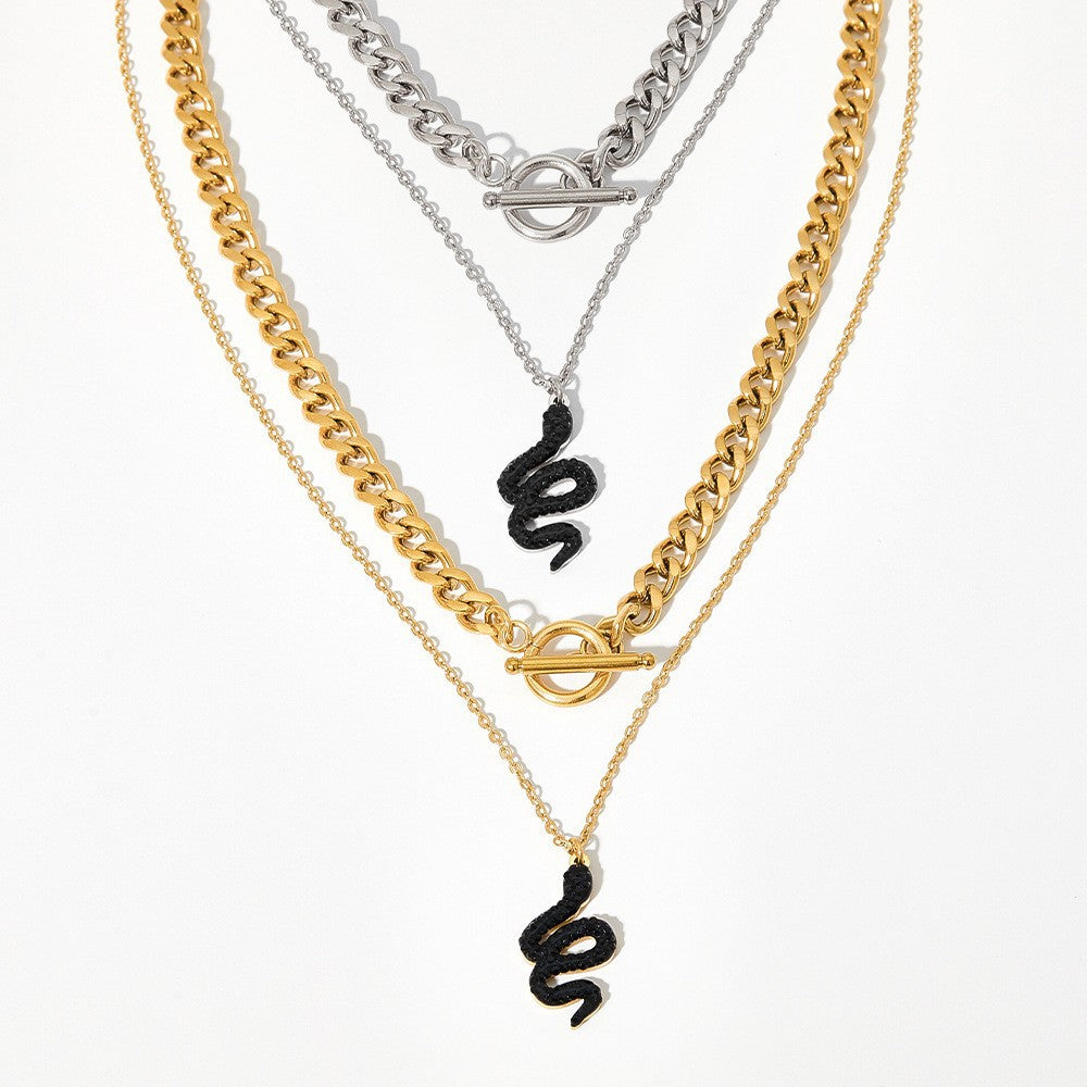 Double Stacked Snake Pendant Stainless Steel Necklace