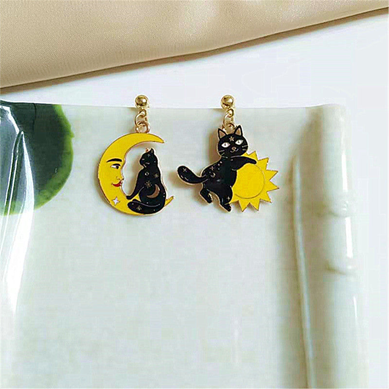 Alloy Asymmetric Cat Sun Moon Earrings MIC-AiM014