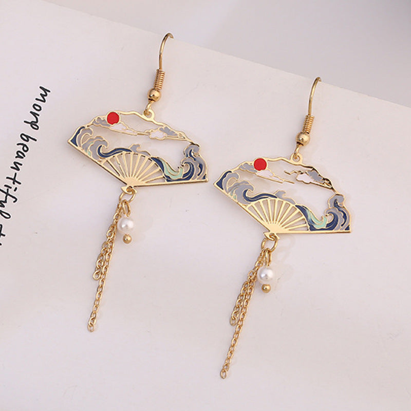 Asymmetric long tassel earrings with alloy fans MIC-YingH002