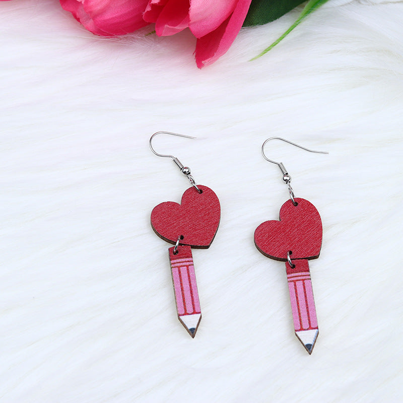 Teacher's Day Heart Hollow Wooden Earrings