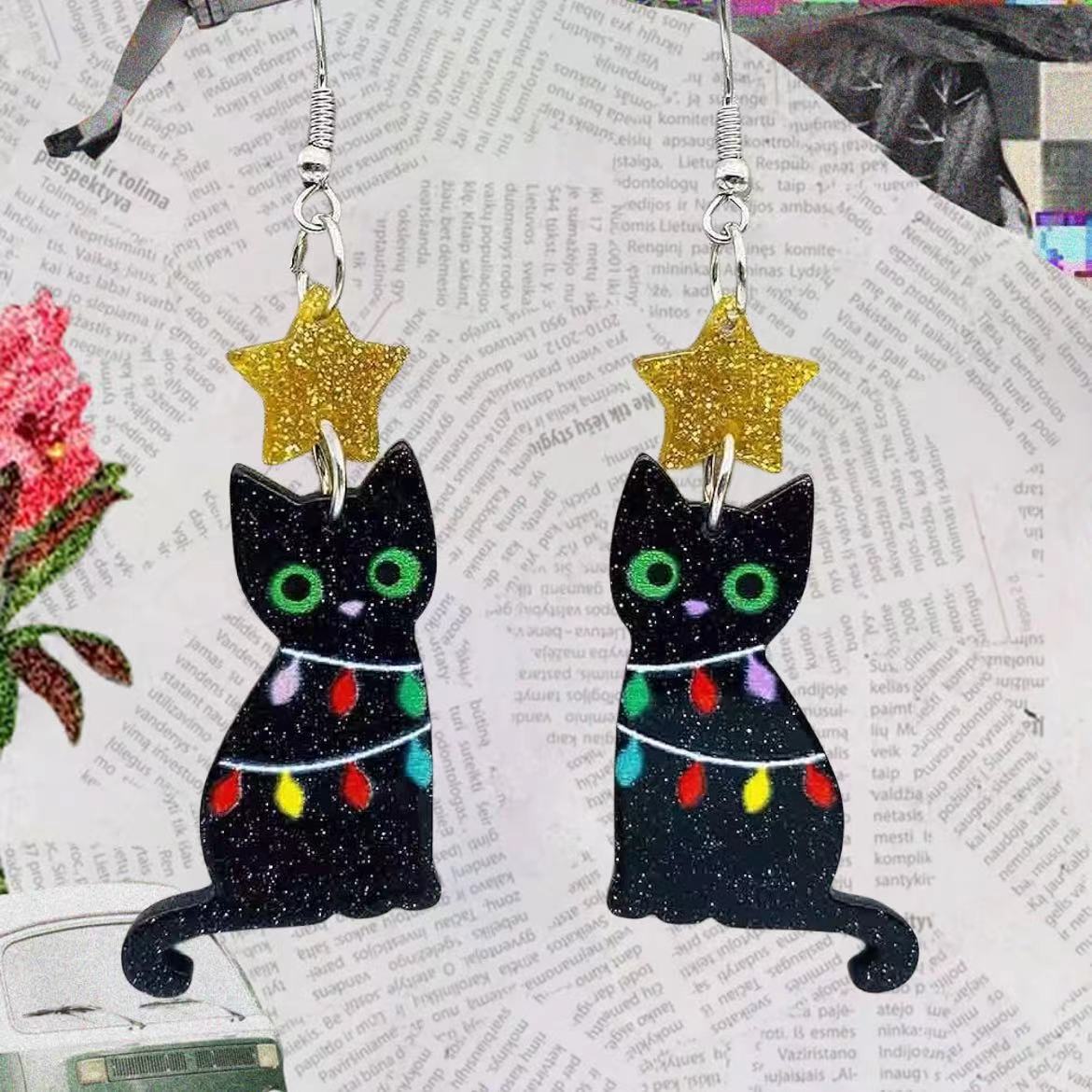 Acrylic Christmas tree lights, black cat earrings (Minimo de compra 2) MYA-AnD015