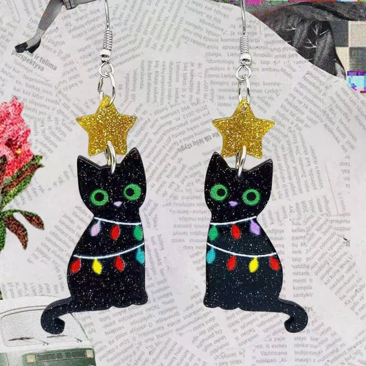 Acrylic Christmas tree lights, black cat earrings (Minimo de compra 2) MYA-AnD015