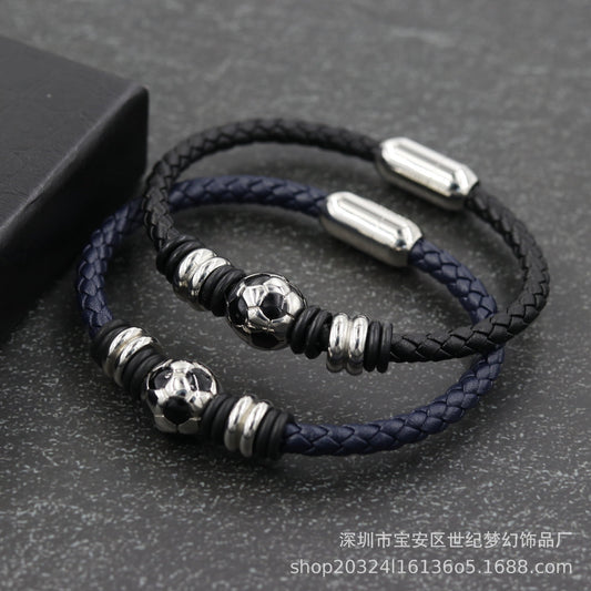 Bracelet Stainless Steel Football Braided Leather Cord SJMH001