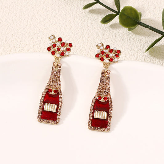 Alloy diamond inlaid pearl wine bottle earrings (Minimo de compra 5) MYA-MiX004