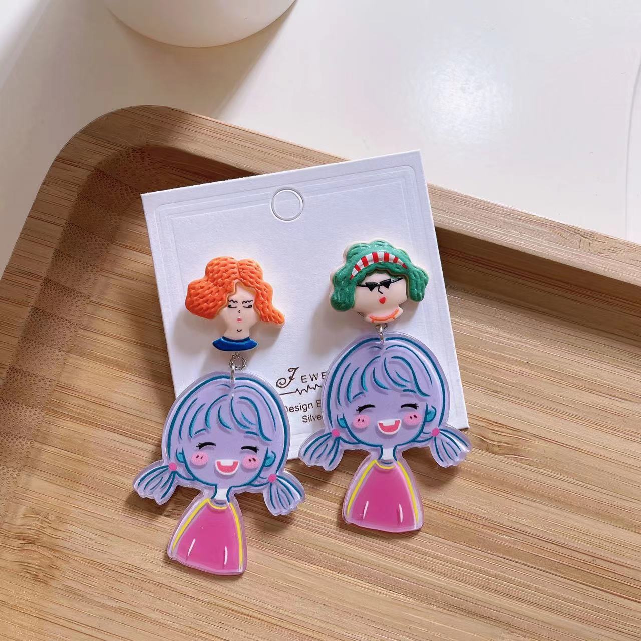 925 silver needle acrylic cartoon girl cute earrings   MIC-YiJ002