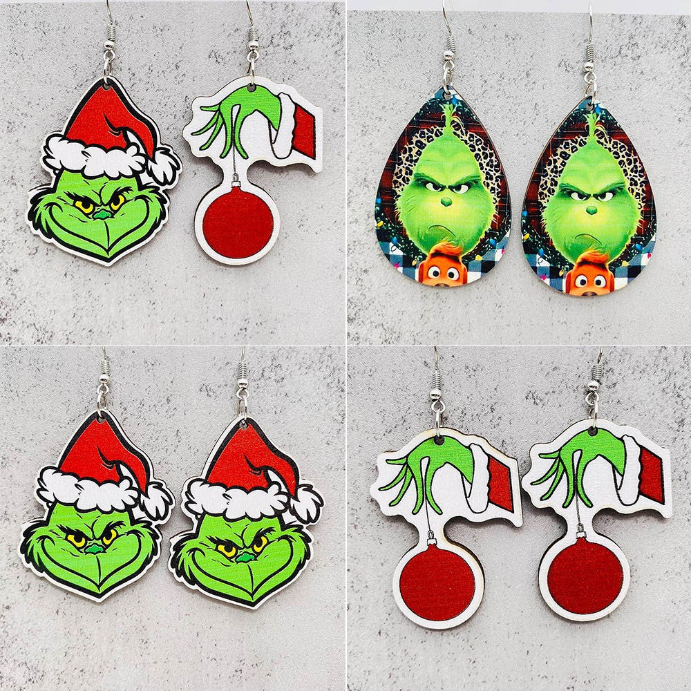 Acrylic Christmas Wooden Green Haired Monster Earrings (Minimo de compra 2) MIC-AnD013