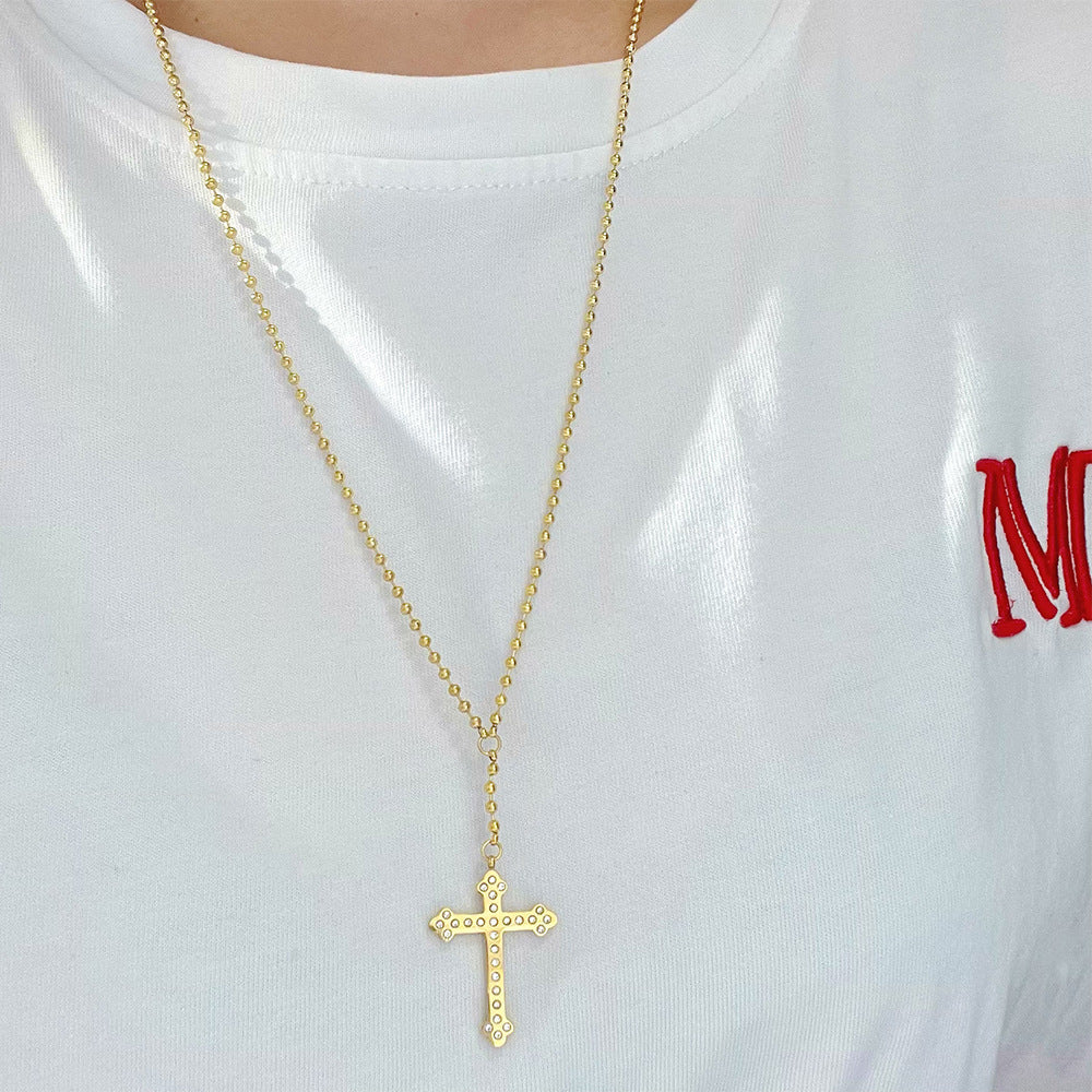 Stainless Steel Gold Plated Cross Diamond Clavicle Necklace