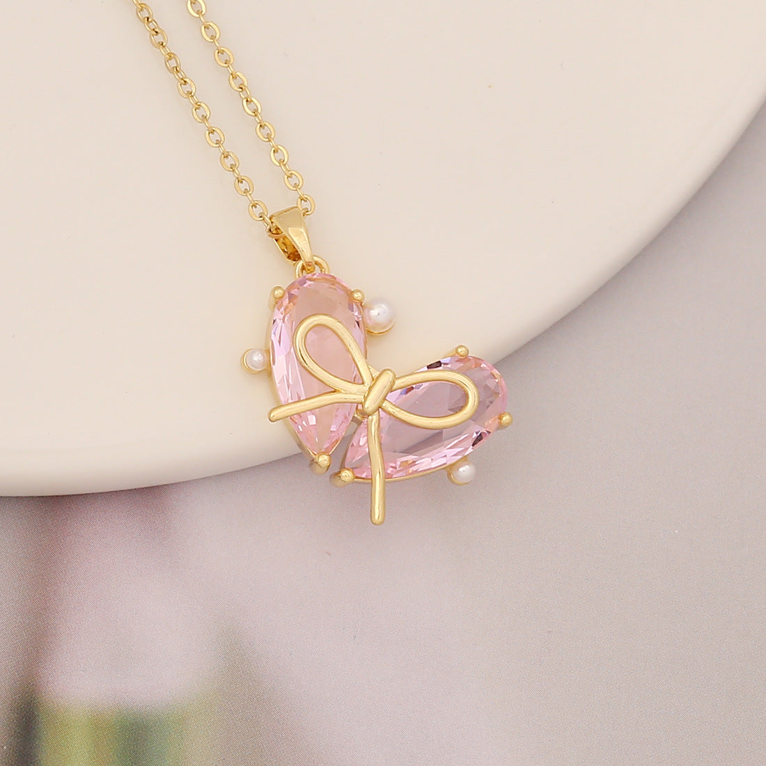 Necklaces Copper Zircon Stainless Steel Pink Butterfly Heart BingM024