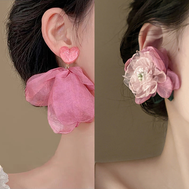 Alloy Pink Flower Pearl Earrings (Minimo de compra 2) MIC-FengM002