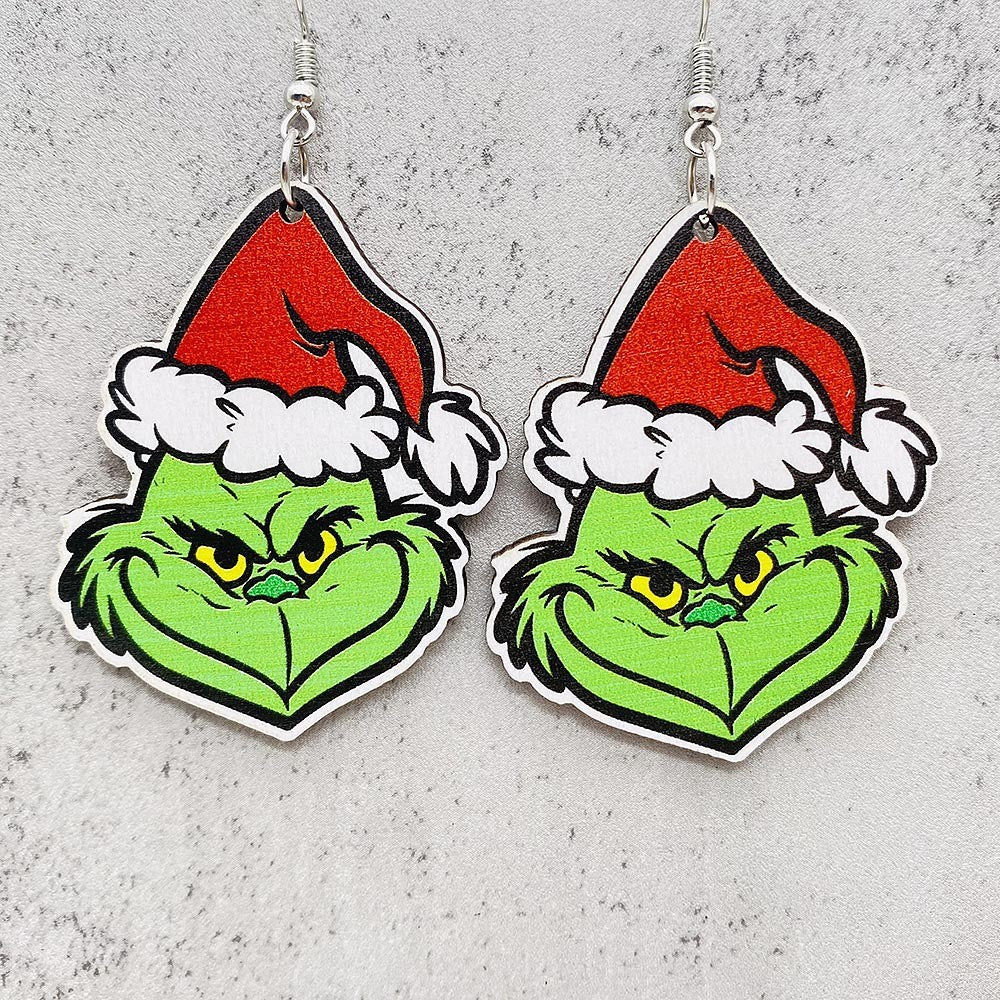 Acrylic Christmas Wooden Green Haired Monster Earrings (Minimo de compra 2) MIC-AnD013