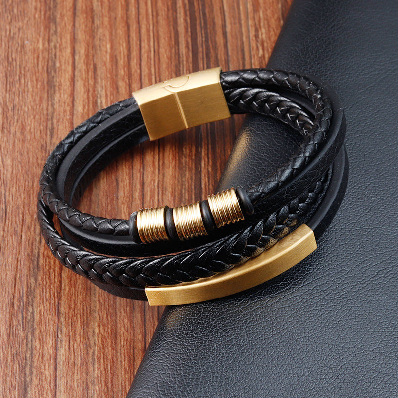 Bracelet Stainless Steel Leather Woven Multi Layer OuSD002