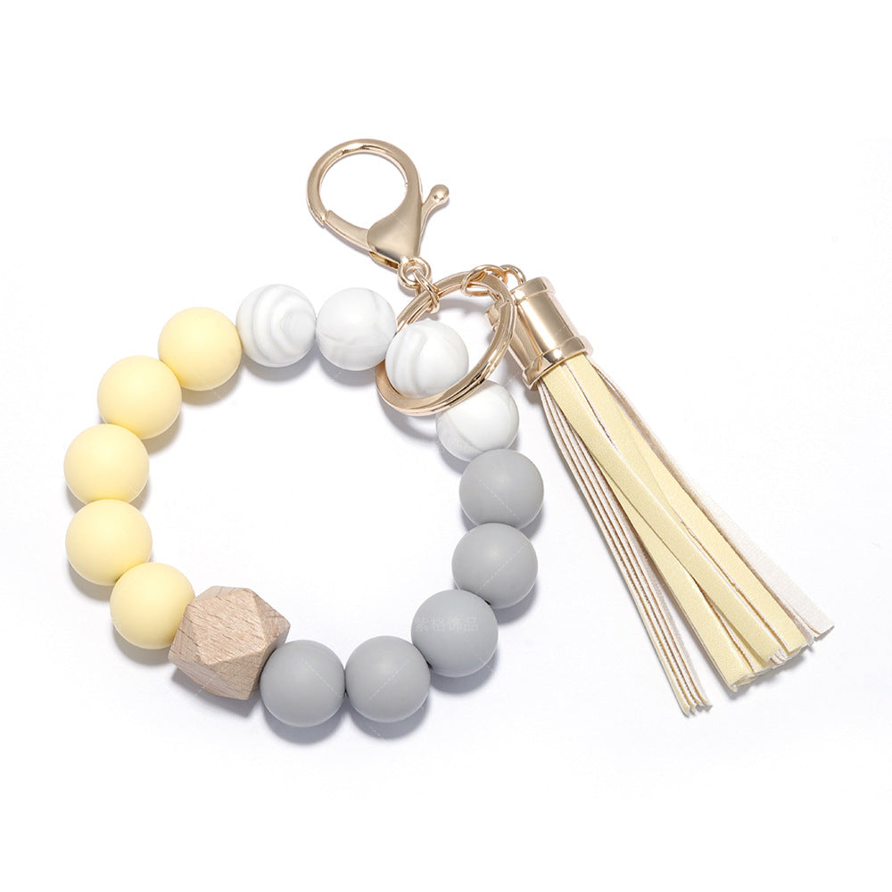 Silicone Beaded PU Leather Tassel Wristlet Keychain MIC-ZiGe001