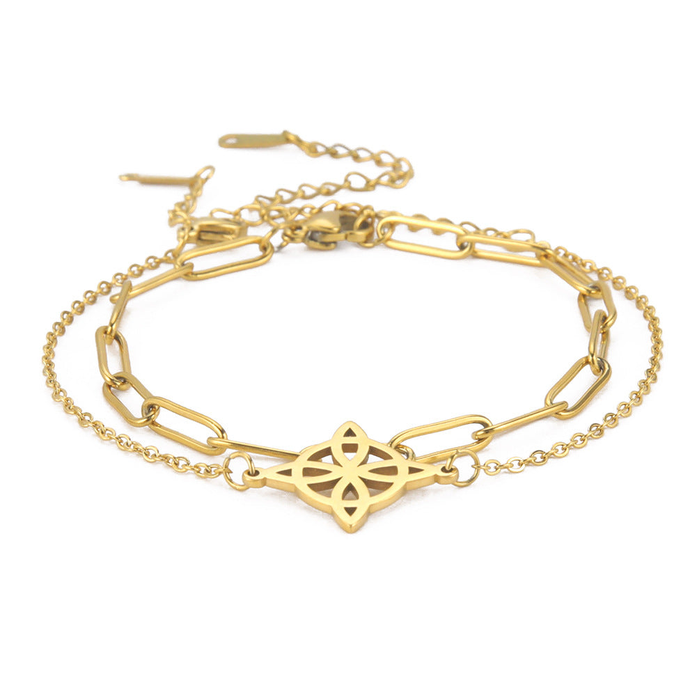 Bracelet Stainless Steel Double Layered Wearing Cross Chain Hollow Four-leaf Leaf QiJu003