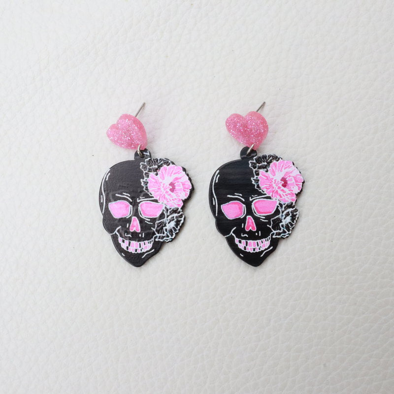 acrylic pink skull earrings carved graffiti heart Minimo de compra 2 MOSHU009