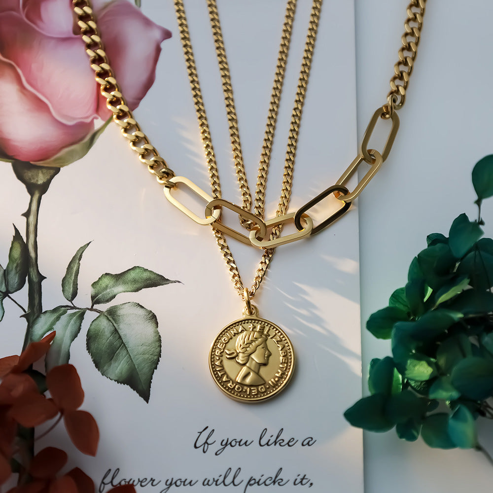 Stainless steel gold-plated three-layer double-sided portrait necklace MYA-XuanJ037