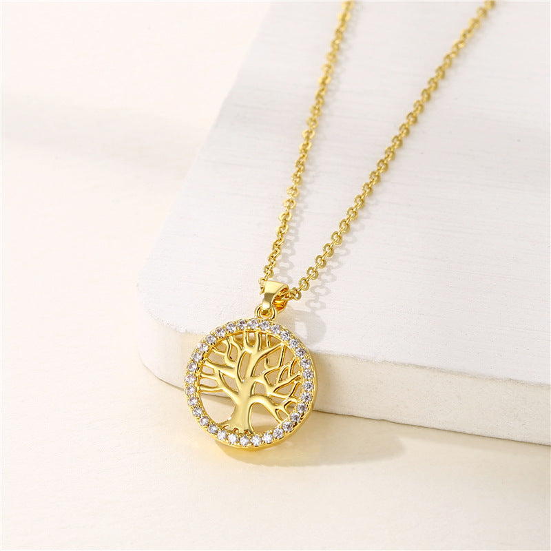 Stainless Steel Round Hollow Tree of Life Pendant Necklace