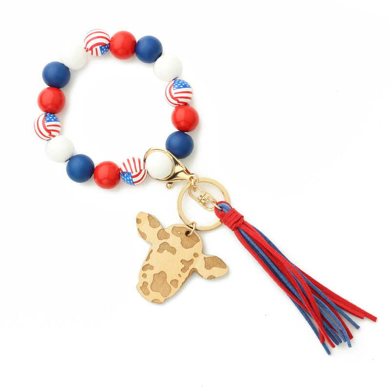 Keychains Bull Head Tassel Pendant Western Cowboy Cow Wooden Beads Bracelet MIC-NuoYi022