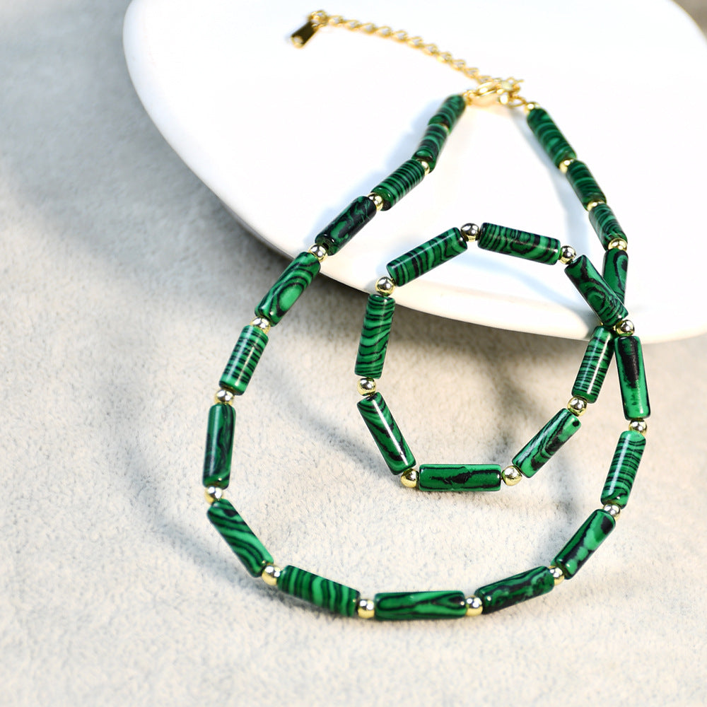 Necklace Malachite Vintage Handmade Beaded Stainless Steel Clavicle Chain YouF013