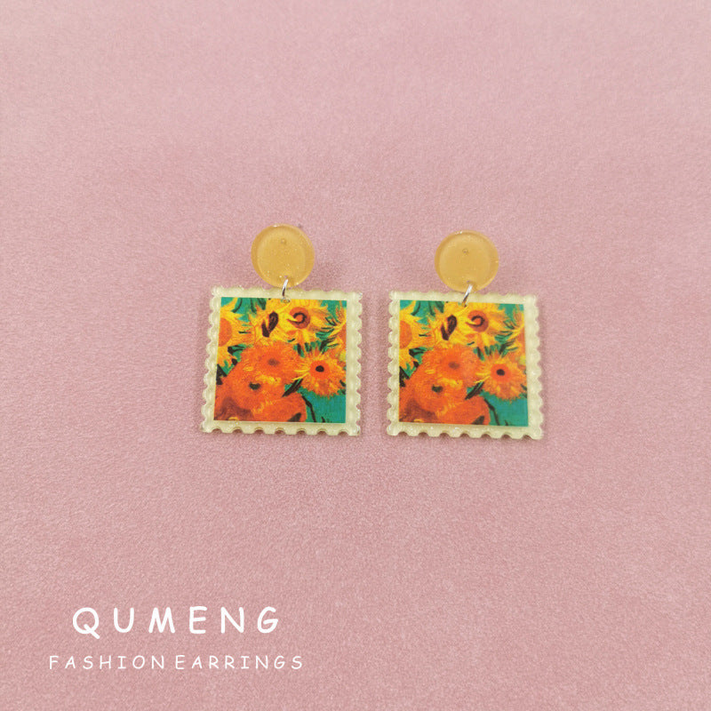 Acrylic Sunflower Oil Painting Earrings (Minimo de Compra 2) MYA-QingM030