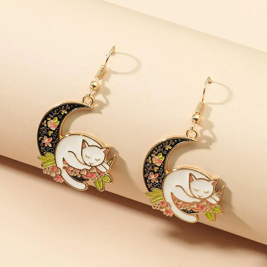 Acrylic black moon hugging cat earrings (Minimo de compra 2) MIC-JianL002