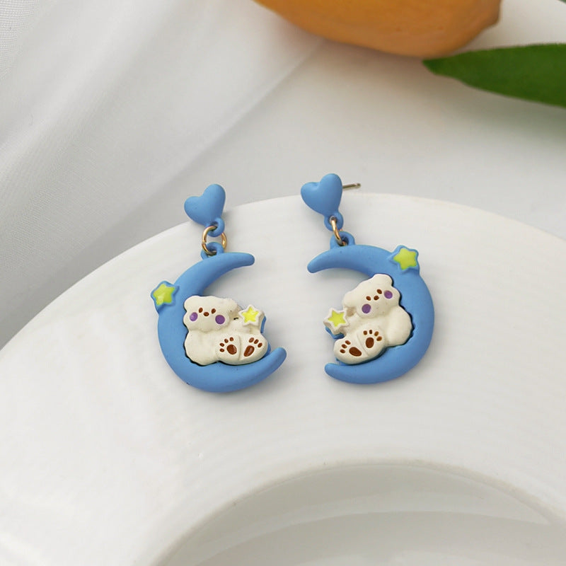 Alloy Blue Love Moon Bear Earrings MIC-BLD033