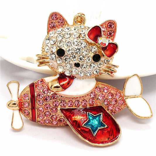 Cartoon aircraft with diamond kitten keychain  (Minimo de compra 2) MIC-ChaoK001