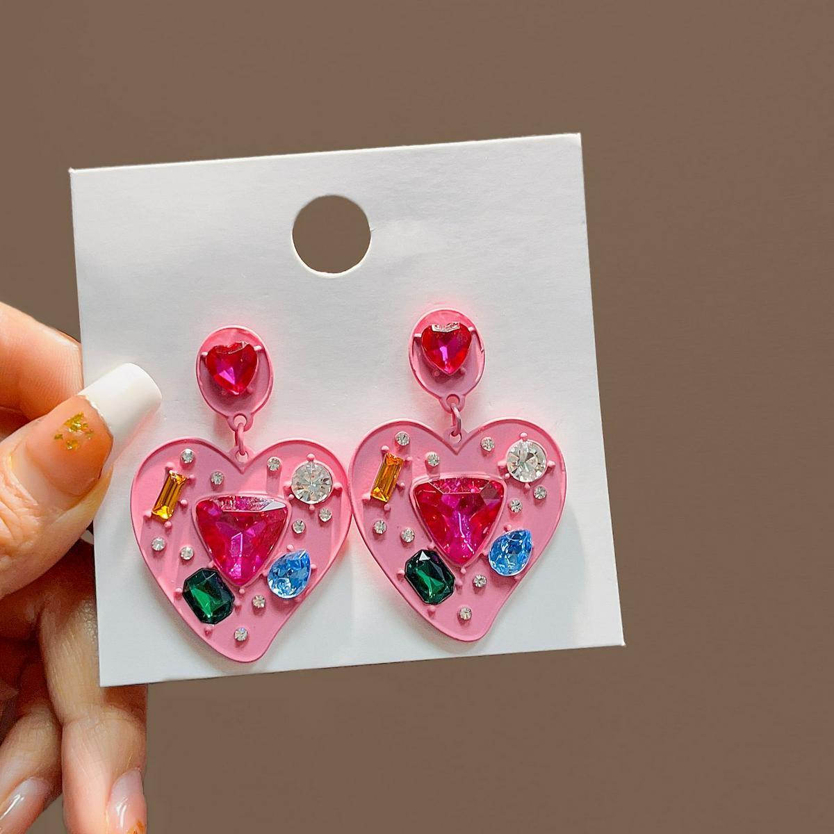 Alloy inlaid diamond heart pink love earrings (Minimo de compra 2) MIC-FuZ020