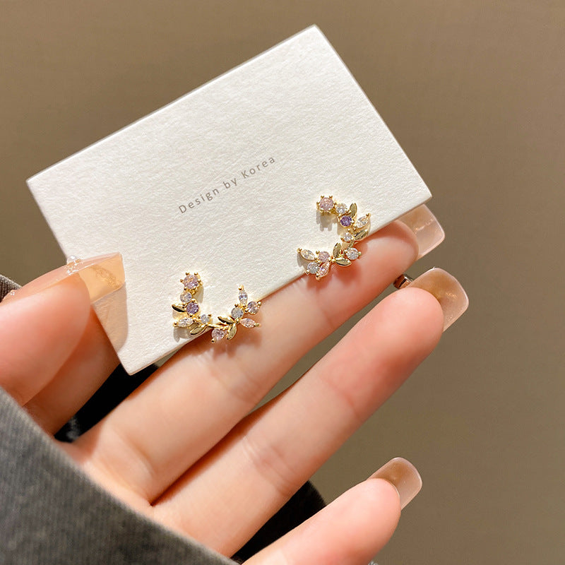 Alloy colored diamond small leaf earrings MIC-LvS020