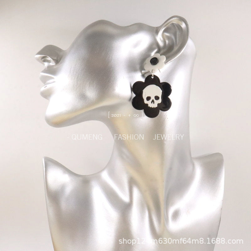 Acrylic Halloween Skull Flower Earrings (Minimo de Compra 3) MIC-OuG074