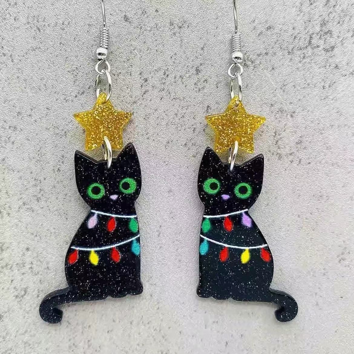 Acrylic Christmas tree lights, black cat earrings (Minimo de compra 2) MYA-AnD015