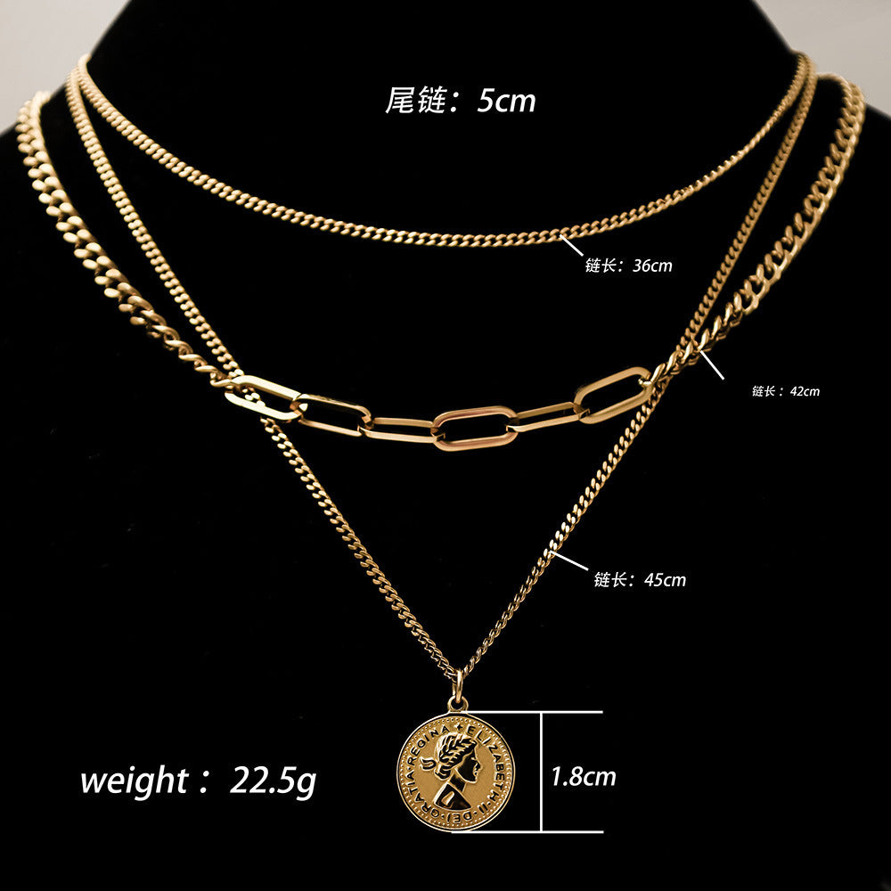 Stainless steel gold-plated three-layer double-sided portrait necklace MYA-XuanJ037