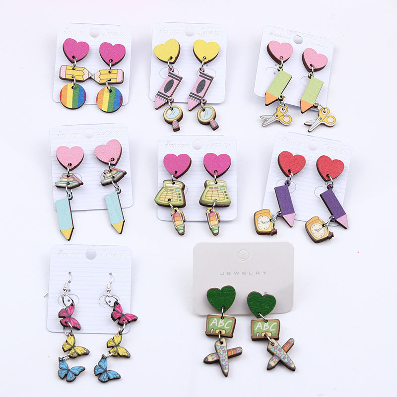 Teacher's Day Pen Stripe Heart Wood Ear Studs