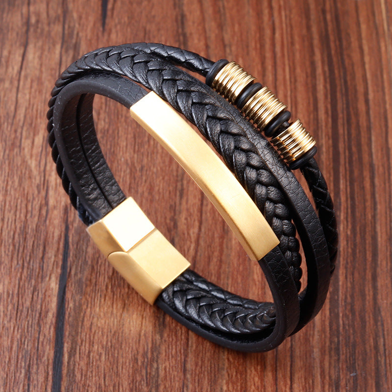 Bracelet Stainless Steel Leather Woven Multi Layer OuSD002