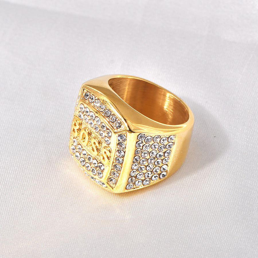 Stainless steel gold-plated rhinestone block ring MYA-YHZX010