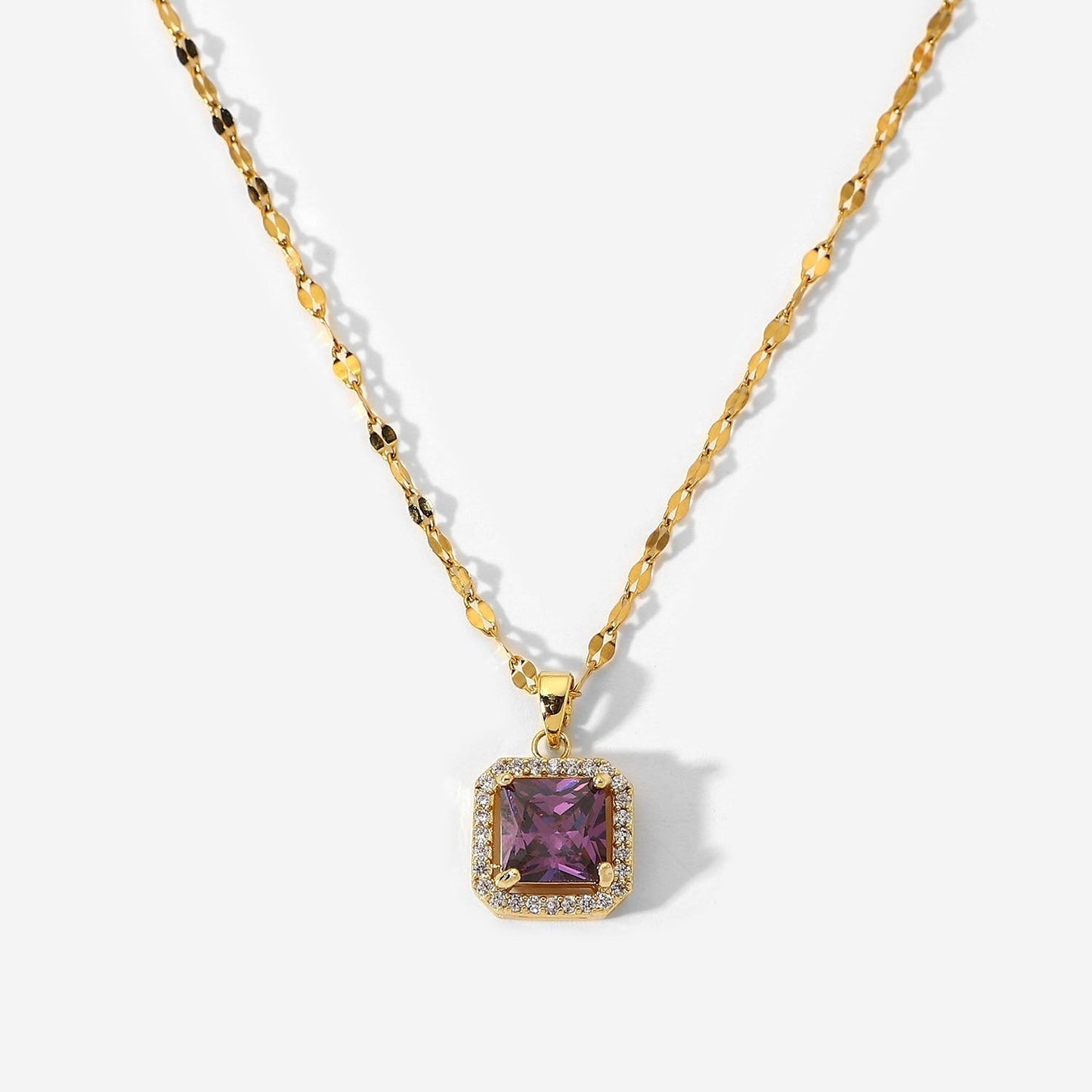 Necklaces Stainless Steel Zircon Bound Purple Square JD028