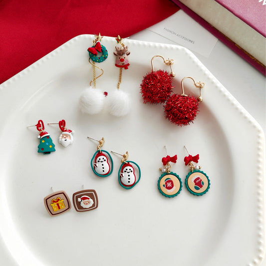 Christmas Snowman Fur Ball Asymmetric Alloy Earrings MIC-ES-JueHe007