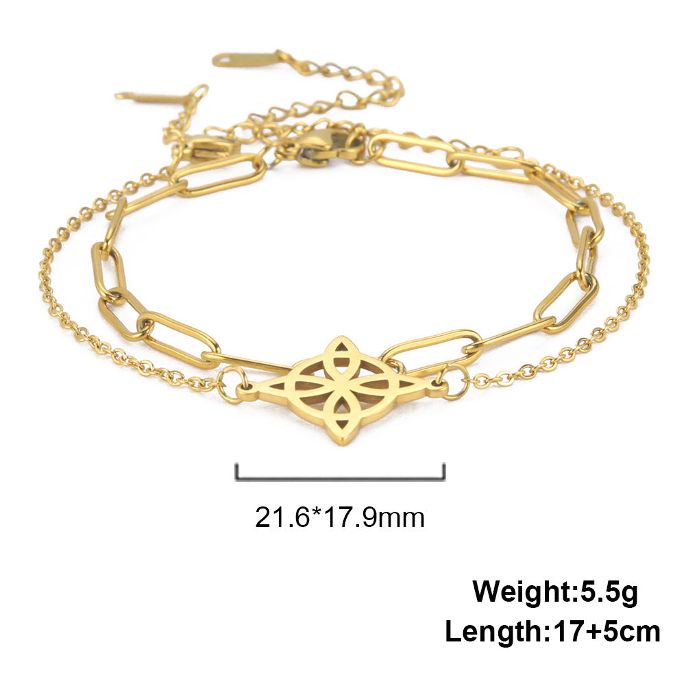 Bracelet Stainless Steel Double Layered Wearing Cross Chain Hollow Four-leaf Leaf QiJu003