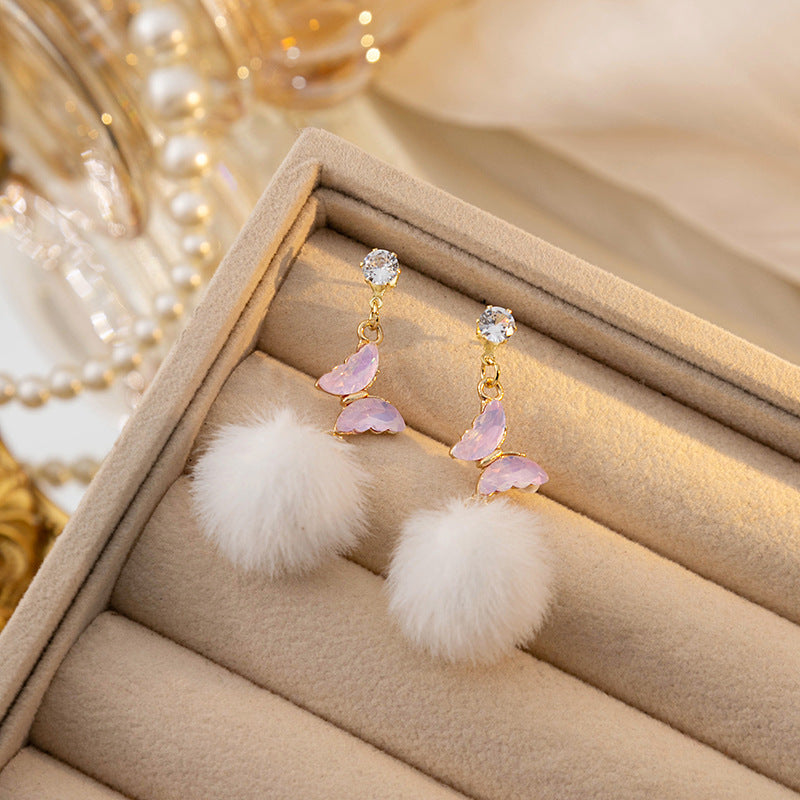 Alloy Long Butterfly Hair Ball Earrings MIC-MDD105