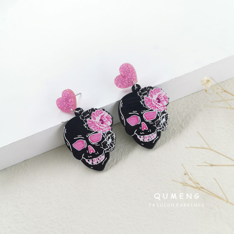 Acrylic pink love skull earrings (Minimo de compra 2) MIC-QinM007