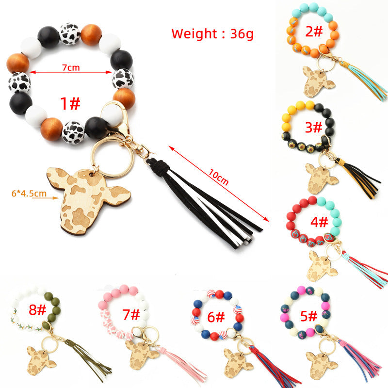 Keychains Bull Head Tassel Pendant Western Cowboy Cow Wooden Beads Bracelet MIC-NuoYi022