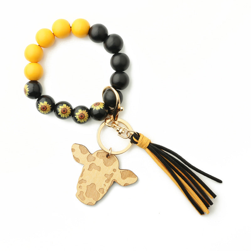 Keychains Bull Head Tassel Pendant Western Cowboy Cow Wooden Beads Bracelet MIC-NuoYi022