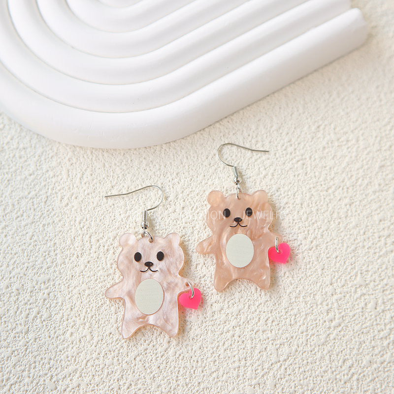 Acrylic Cute Bear Peach Heart Earrings MIC-OuG094