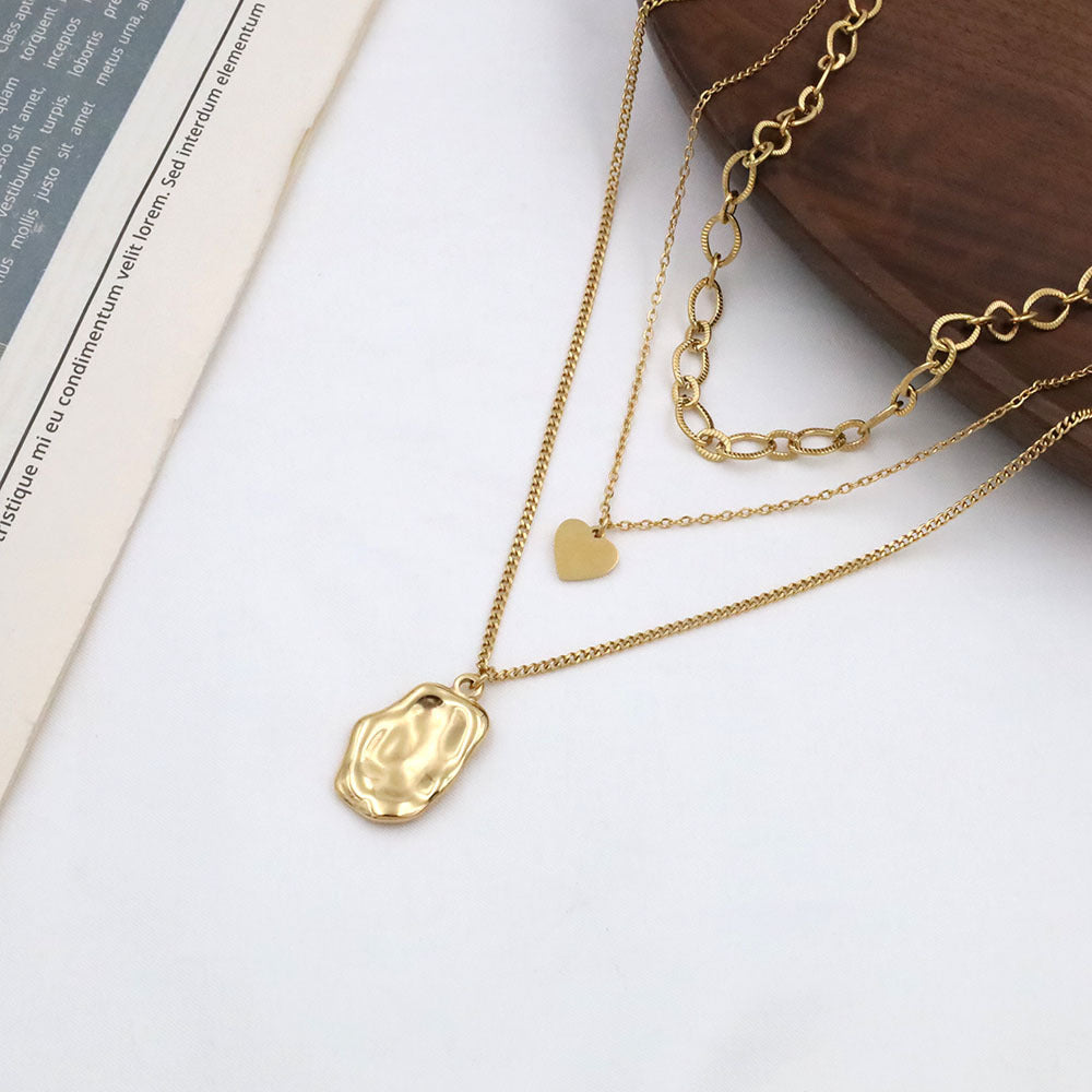 Stainless steel gold-plated triple layered round peach heart necklace MYA-XuanJ025