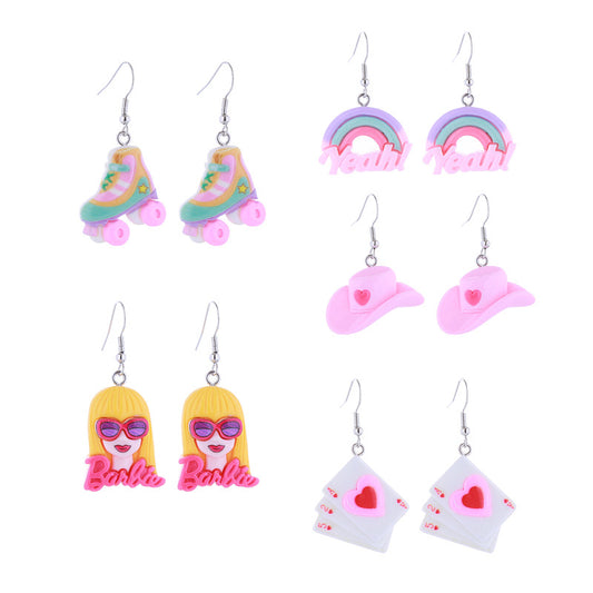 Alloy acrylic love poker pink denim hat earrings MIC-ChouT049