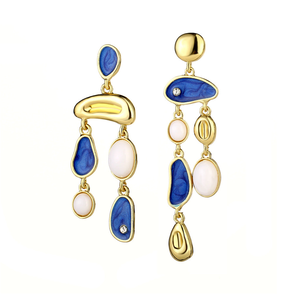 Alloy Asymmetric Blue Oil Dropping Earrings (Minimo de compra 3) MIC-YiD008