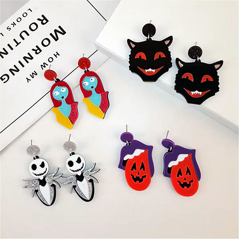 Acrylic Black Cat Witch Skull Ghost Head Earrings MIC-ChouD030