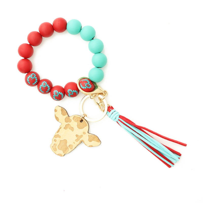 Keychains Bull Head Tassel Pendant Western Cowboy Cow Wooden Beads Bracelet MIC-NuoYi022