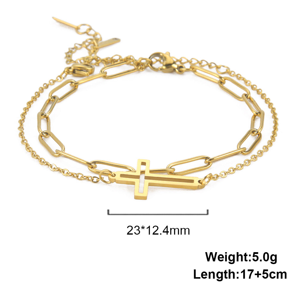 Bracelet Stainless Steel Double Layer Hollow Cross QiJu007