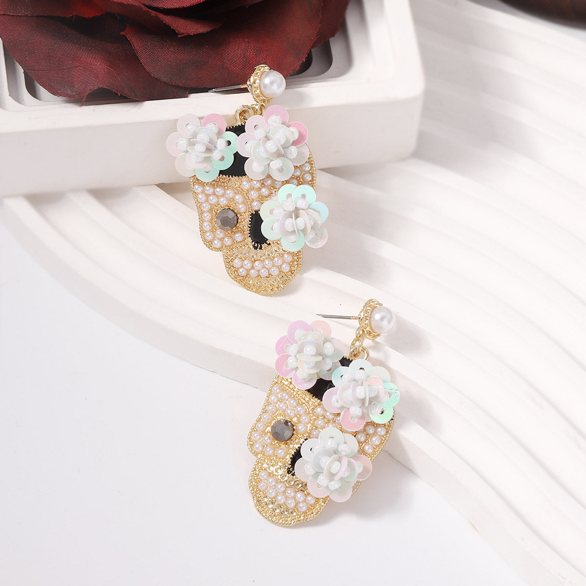 Alloy shiny floral skull earrings MIC-YueL026