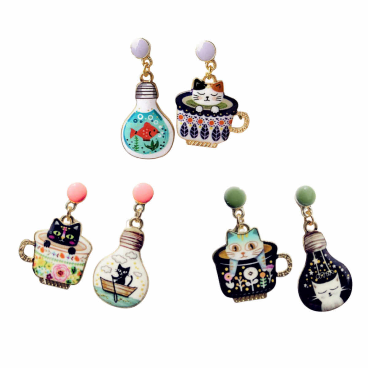 Alloy resin light bulb, tea cup, kitten earrings (Minimo de compra 5) MYA-AoY012